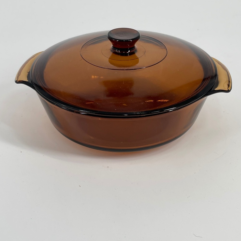 Anchor Hocking Amber Glass Casserole Dish with Lid Brown Vintage Round Excellent